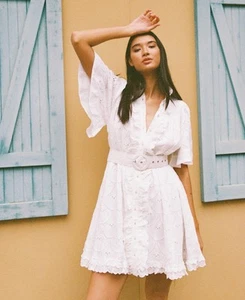 Palm Noosa Dress Size AU 8 US 4 Kenny White Linen Eyelet Belted Ruffle Beach - Picture 1 of 10