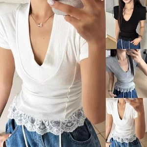 Women Summer V Neck Lace Shoulder Pad T Shirt Casual Vintage Fashion Top - Picture 1 of 14