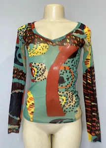 JEAN PAUL GAULTIER FUZZI MULTI PRINT SHEER LONG SLEEVE TOP Sz S MADE IN ITALY - Picture 1 of 16