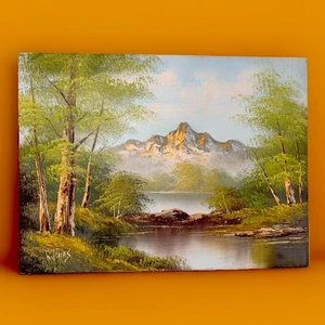 Pintura al óleo sobre lienzo de R. Tomás original sin marco río bosque árboles paisaje - Imagen 1 de 8