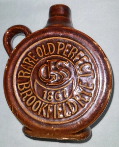 Vtg brown painted mini pottery jug, Rare Old Perfect Brookfield Rye 1867 - Picture 1 of 15