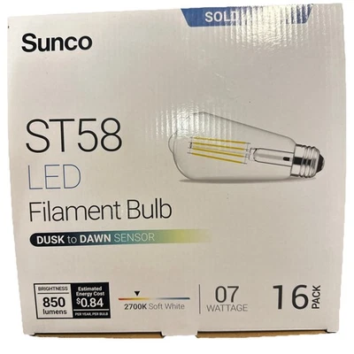 💡Sunco 16 Pack Filament Bulb Dusk To Dawn Sensor 2700k White 850 Lumens ST58 - Image 1 of 4