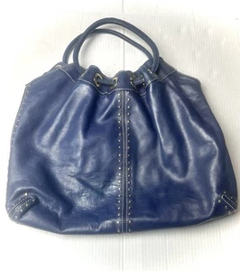 Michael Kors Studded Blue Leather Carryall Large Tote Bag Purse Double Handles - Picture 1 of 6