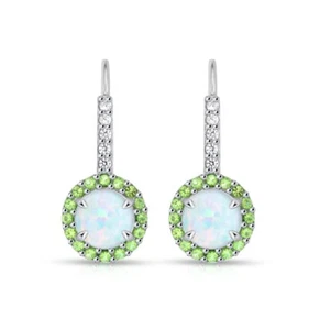 Round Halo Simulated Opal & Peridot Leverback Earrings in Sterling Silver - Picture 1 of 3