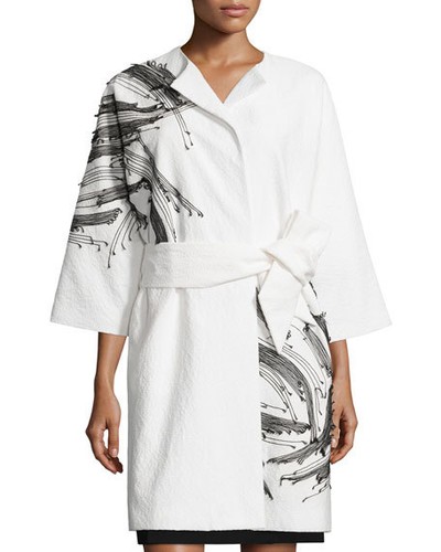 OFF WHITE Giacca blazer Josie Natori bianco sporco nero con cintura ricamata NUOVA $895