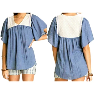 Túnica relajada Umgee Top talla S azul cabaña blanca encaje plisado aleteo para mujer - Imagen 1 de 3