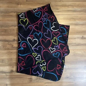 Heart Fleece Blanket 48x66 Black W Multicolor Hearts Valentines Day Love - Picture 1 of 2