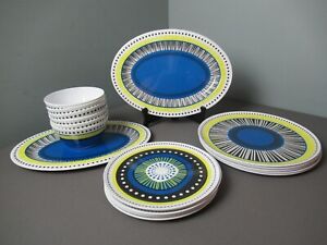 20 Pcs Melamine Dinnerware Set - Stripes & Dots - White Blue Black Yellow - f sb