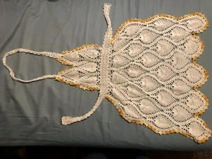 Handmade Crochet Apron White And Yellow /Orange Border Nice Peacock Pattern - Picture 1 of 9