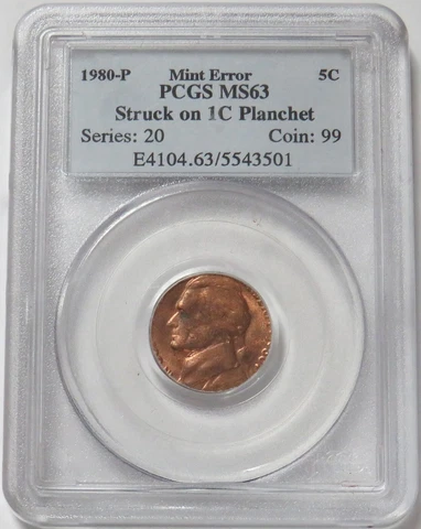 1980 JEFFERSON 5 CENT STRUCK ON CENT PLANCHET USA MINT ERROR PCGS MINT STATE 63 Cover