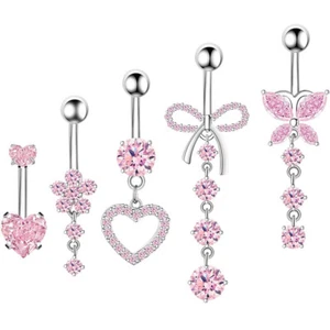 Belly Button Bar Navel Ring Heart Dangly Body Piercing Jewellery Bars CZ Barbell - Picture 1 of 16