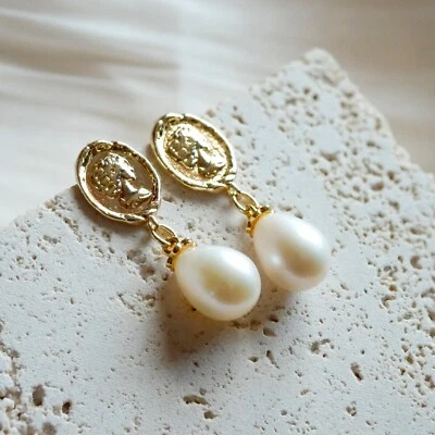 Vintage Woman Head Freshwater Pearl Drop Earrings, Dainty Pearl Werdding Earring - Image 1 of 4