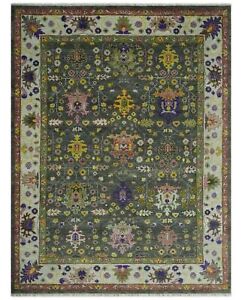 Hand knotted vintage Oushak charcoal, green, Ivory colorful wool area rug