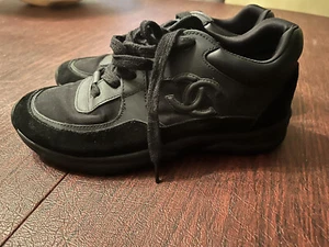 Chanel REV Classic Black Nylon Suede CC Lace Up Trainer Sneaker 38 - G33726 - Picture 1 of 10