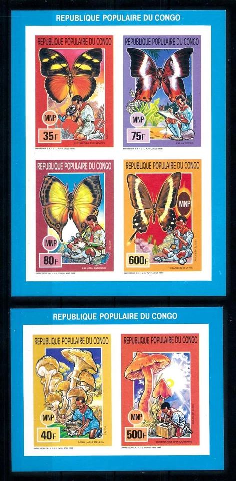 [75584] Congo Brazzaville 1991 Scouting Butterflies Mushr. 2 Imperf. Sheets MNH - Image 1 of 1