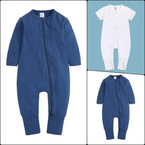 3-Set Baby Romper Long Sleeve Mitted Leg Footed Footless Double Zipper Blue Boy - Picture 1 of 24