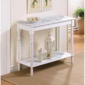 Distressed Carved Top White Wood Decorative Table - Picture 1 of 7