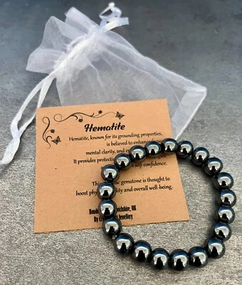 HEMATITE Bracelet Stretch Fit Handmade With Gift Bag & Card Crystal Gemstone 8mm - Image 1 of 2