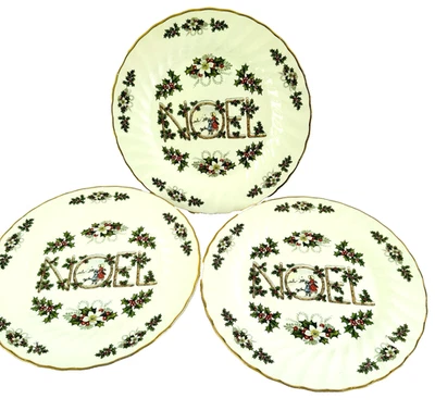 Noel Christmas Dinner Plates Set of 3 Scalloped 10” Gold Rim Holly Holiday Decor - Image 1 of 4