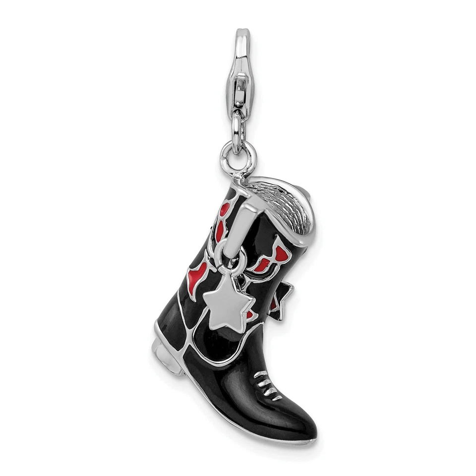 Sterling Silver AMORE La Vita Rhod-pl Black Enameled Cowboy Boot Charm Qcc205