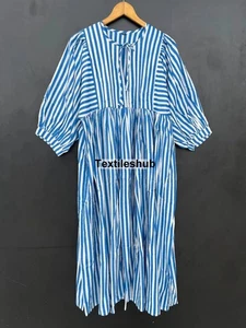 Indian Cotton Blue Striped Print Maxi Gown, Deep Neck Dress Women's Clothing US - Picture 1 of 6
