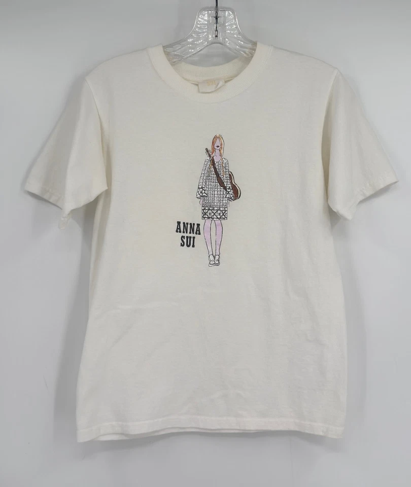 Camiseta Anna Sui Blanca Niña Guitarra Gráfico Logo Crew Manga Corta XS Foto 1 de 4