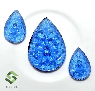 Sapphire Color Nano Handmade Carving 3 Pcs Set 32x23 mm & 20x13 mm Loose Gems - Image 1 of 4