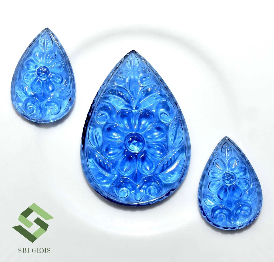 Sapphire Color Nano Handmade Carving 3 Pcs Set 32x23 mm & 20x13 mm Loose Gems - Image 1 of 4
