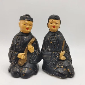 Beautiful 1950's Signed Japanese Asian Couple Chalkware Black Robe Rare Vintage - Picture 1 of 10