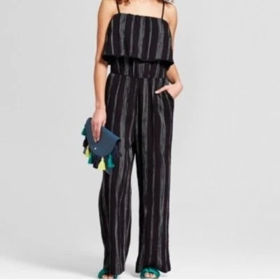 New Day Black White Striped Jumpsuit Sleeveless Pockets Gauzy Beachy Cotton Sz L - Image 1 of 4
