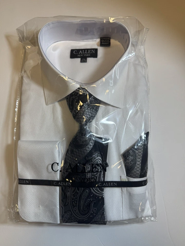 Camisa de vestir C. Allen NY blanca/negra para hombre puño francés con pañuelo de corbata 34/35 Foto 1 de 2