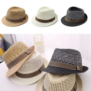 Summer Straw Fedora Hat Trilby Cuban Sun Cap Panama Short Brim Floral Hat - Picture 1 of 14