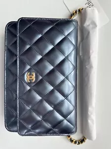 NEW CHANEL 23C Wallet on Chain PEARL BLUE Patent Leather WOC Flap Bag Gold CHIP - Picture 1 of 13