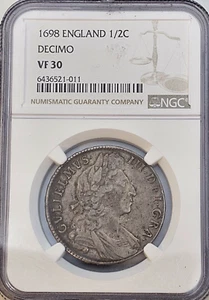 1698 England Great Britain 1/2 Half Crown Decimo NGC VF30 KM# 492.2 Silver .925 - Picture 1 of 4