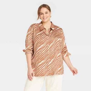 A New Day Women's Long Sleeve Oversized Satin Button-Down Shirt Size XXL - Picture 1 of 12