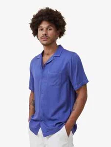 COTTON ON Men's Riviera Short Sleeve Button Down Shirt Worker Blue Pop Stitch S - Picture 1 of 5