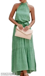 Pretty Garden Halter Dress Size XXL Green Polka Dot Midi Maxi Tiered Open Back - Picture 1 of 6
