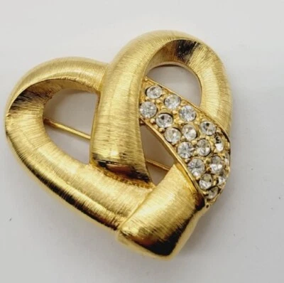 Monet HEART Brooch Vintage Pin Brushed Gold Tone Crystal Accent 1.25 in - Image 1 of 4