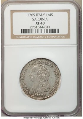ITALY SARDINIA CARLO EMANUELE  1765  1/4 SCUDO SILVER COIN, NGC CERTIFIED XF-40 - Image 1 of 2