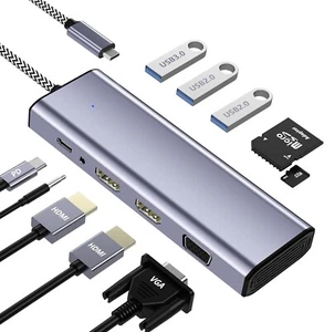 USB C Docking Station 10 in 1, 2 HDMI 4K, USB 3.0/2.0, VGA, PD100W, SD/TF, 3.5mm - Picture 1 of 7