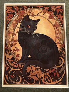 Art Nouveau Black Cat with Autumn Leaves Poster 18x24in - Picture 1 of 1