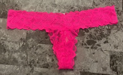 NWT VICTORIA'S SECRET PINK LARGE NEON PINK FLORAL LACE RARE THONG PANTIES - Image 1 of 3