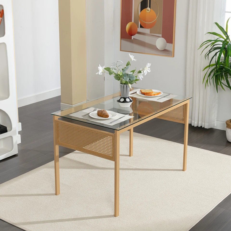 Mesa de comedor moderna de ratán mesa de vidrio templado, patas de metal muebles de cocina Foto 1 de 4