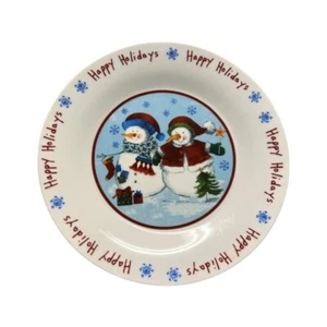Happy Holiday Christmas Dessert Salad Cookie Plate Snowman Tree Gifts Snow 7" - Picture 1 of 3