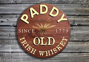 Paddy Old Irish Whiskey Barrel End Style Wooden Pub Sign - Whiskey Drinkers Gift - Foto 1 di 3