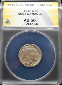 1916-D Buffalo Nickel ANACS Edge Damaged AU 50 Details #25JULY047 - Picture 1 of 3