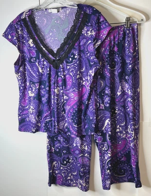 Conjunto de pijama de cachemira púrpura mediano Linea Donatella para mujer 2 piezas top y pantalones capri Foto 1 de 4