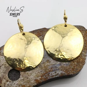 Große Runde Disc Ohrhänger Mit Brisurverschluss, Handgemacht, Goldfarben - Picture 1 of 7