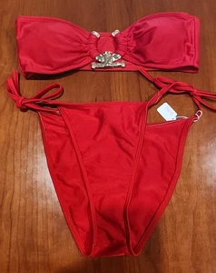 NWOT Zaful Bandeau Bikini Shiney Metal Red Size S Strapless Tied Sides 35231 - Picture 1 of 4