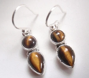 Small Tiger Eye 2-Gem Teardrop and Round 925 Sterling Silver Dangle Earrings - Picture 1 of 3